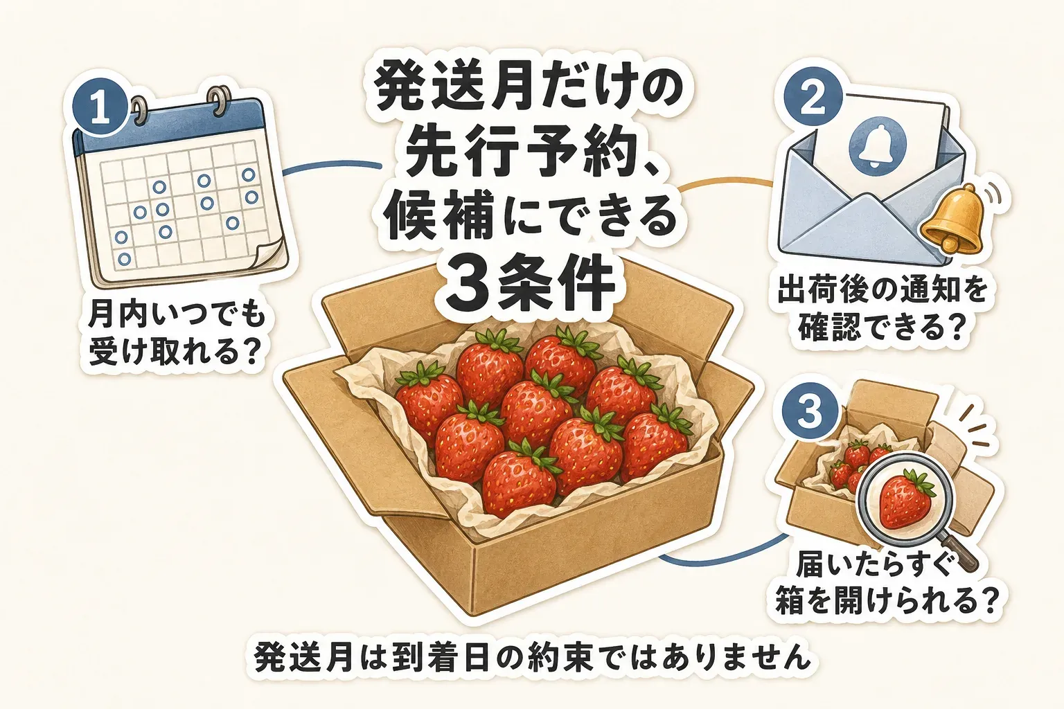 発送月だけのフルーツ返礼品を受け取るための3条件を示す図。発送月の中で在宅できる日を確保できること、出荷後に配送会社の通知を確認できること、到着後すぐに箱を開けられること