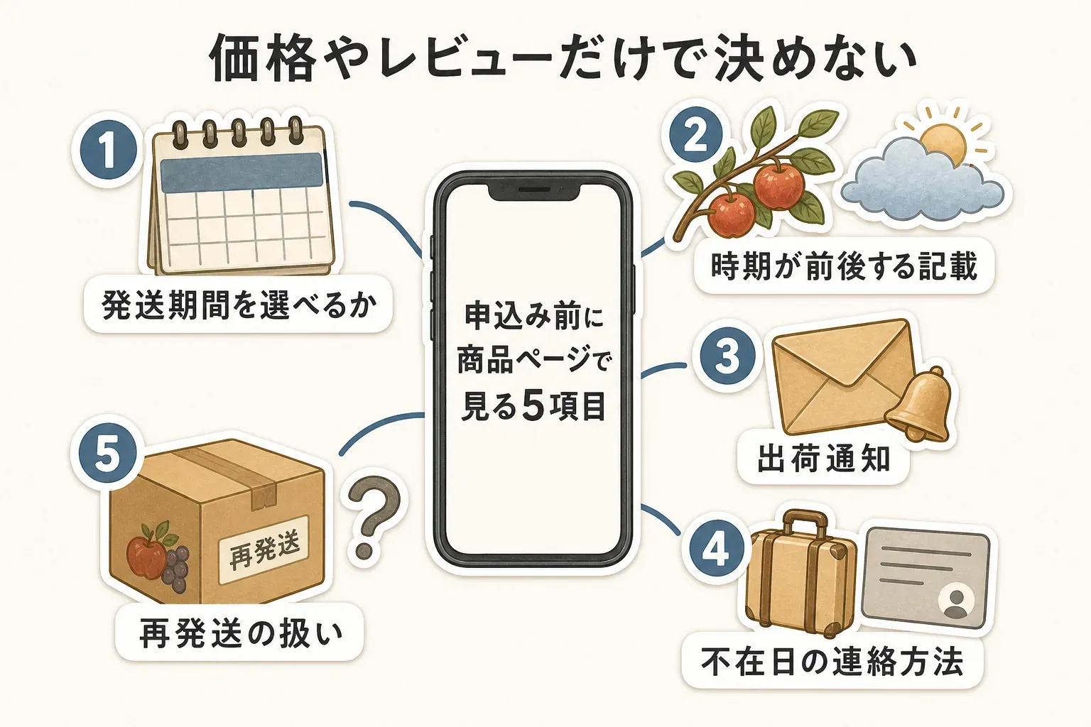 発送月表示のフルーツ返礼品を商品ページで確認する5項目を示す図。発送期間を選べるか、収穫状況で発送が前後する旨の記載があるか、出荷通知があるか、不在日を伝えられるか、受け取れなかった場合に再発送されるかを確認する