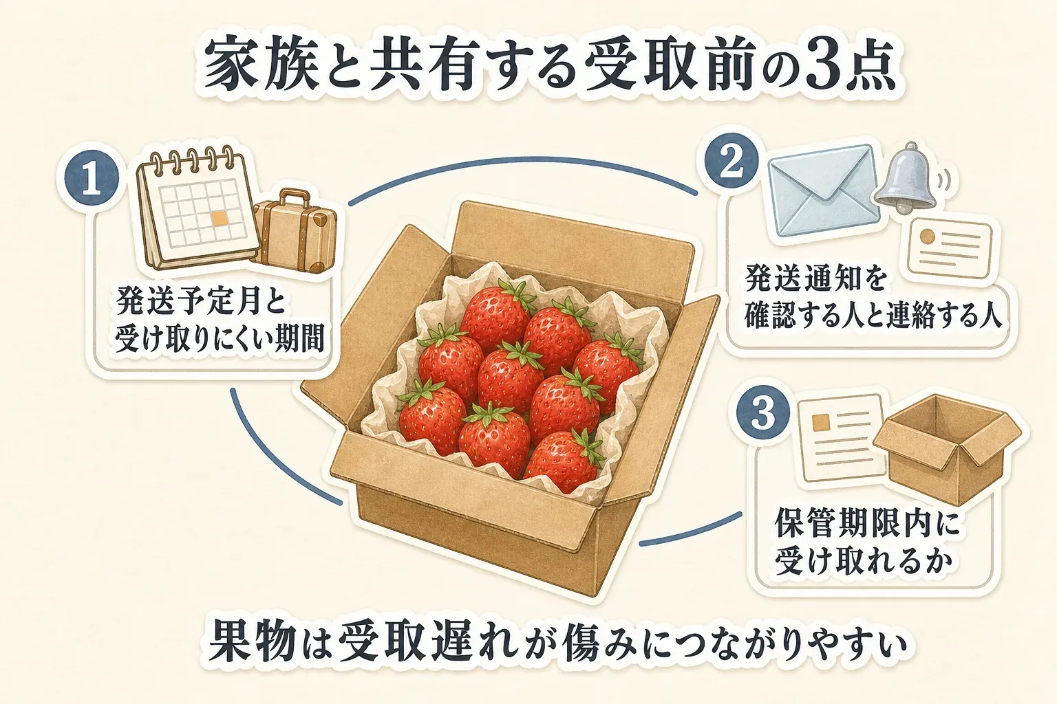 家族宛てのフルーツ定期便で共有する受取準備を示す図。発送予定月と不在期間、発送通知を確認して日時調整を連絡する担当者、不在票が入ったときに保管期限内で受け取ることの3点を家族で確認する内容