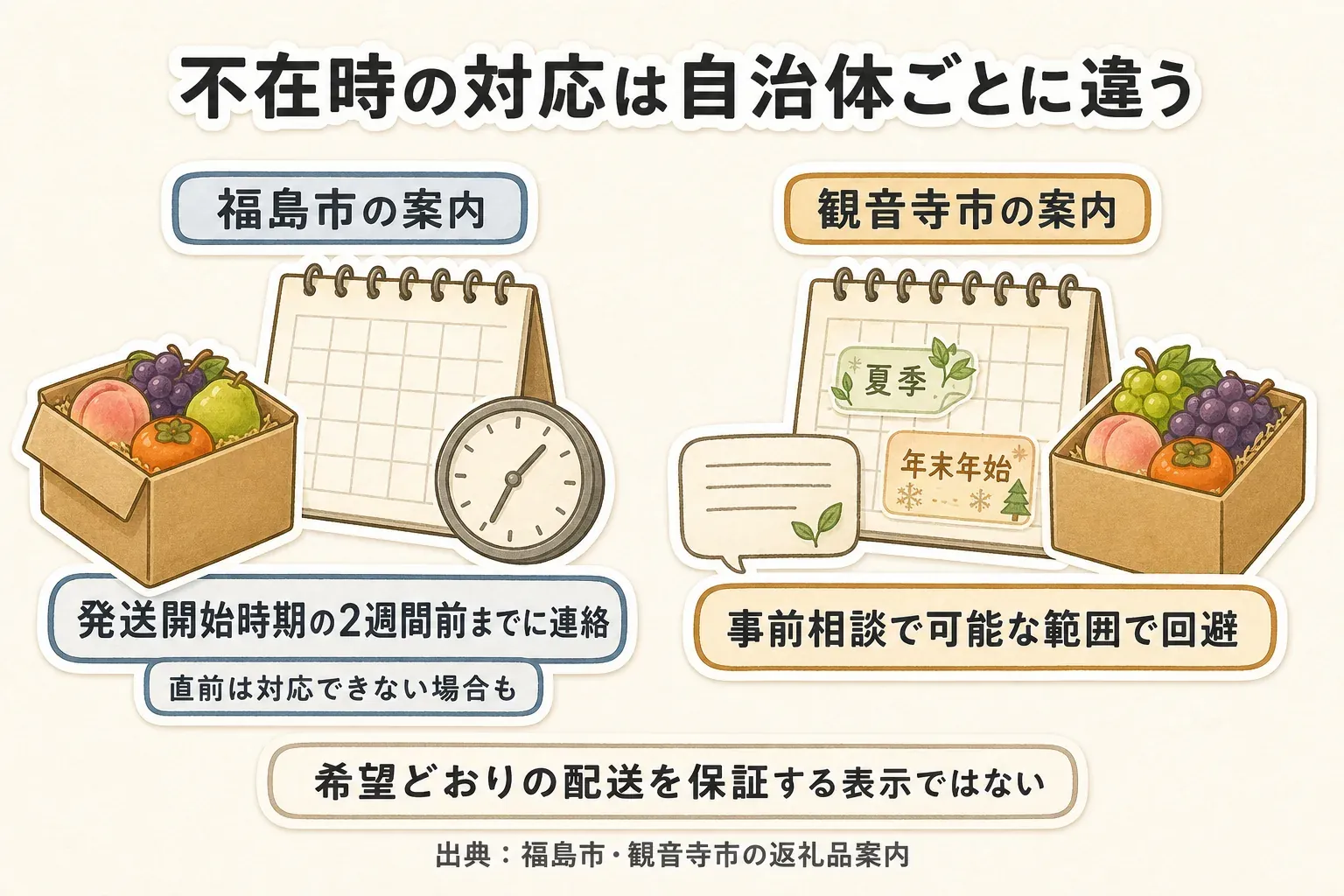 不在時の対応は自治体ごとに異なることを、福島市と観音寺市の返礼品案内で比べる図。福島市は発送開始時期の2週間前までに連絡し直前は対応できない場合があり、観音寺市は夏季・年末年始の不在日を事前相談により可能な範囲で避ける案内で、希望どおりの配送を保証する表示ではない。出典：福島市・観音寺市の返礼品案内