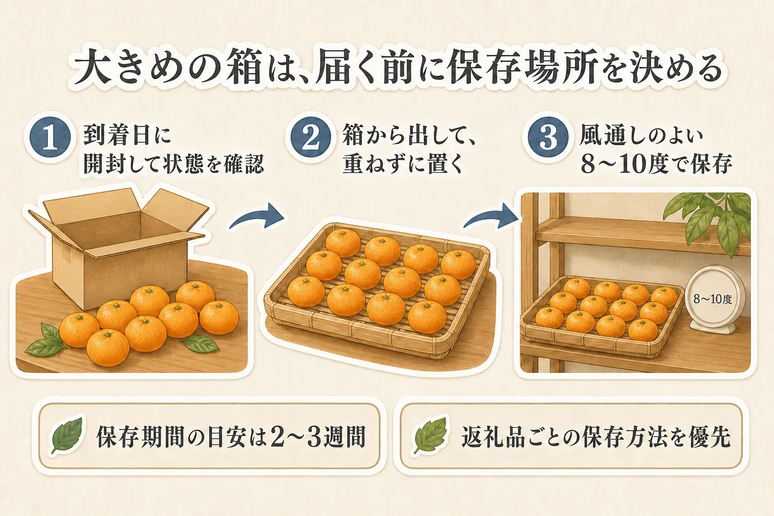 大きめのみかん箱の保存手順を示す図。到着日に開封して状態を確認し、箱から出して重ねずに置き、風通しのよい8〜10度の場所で保存する。保存期間の目安は2〜3週間で、返礼品ごとの保存方法を優先する