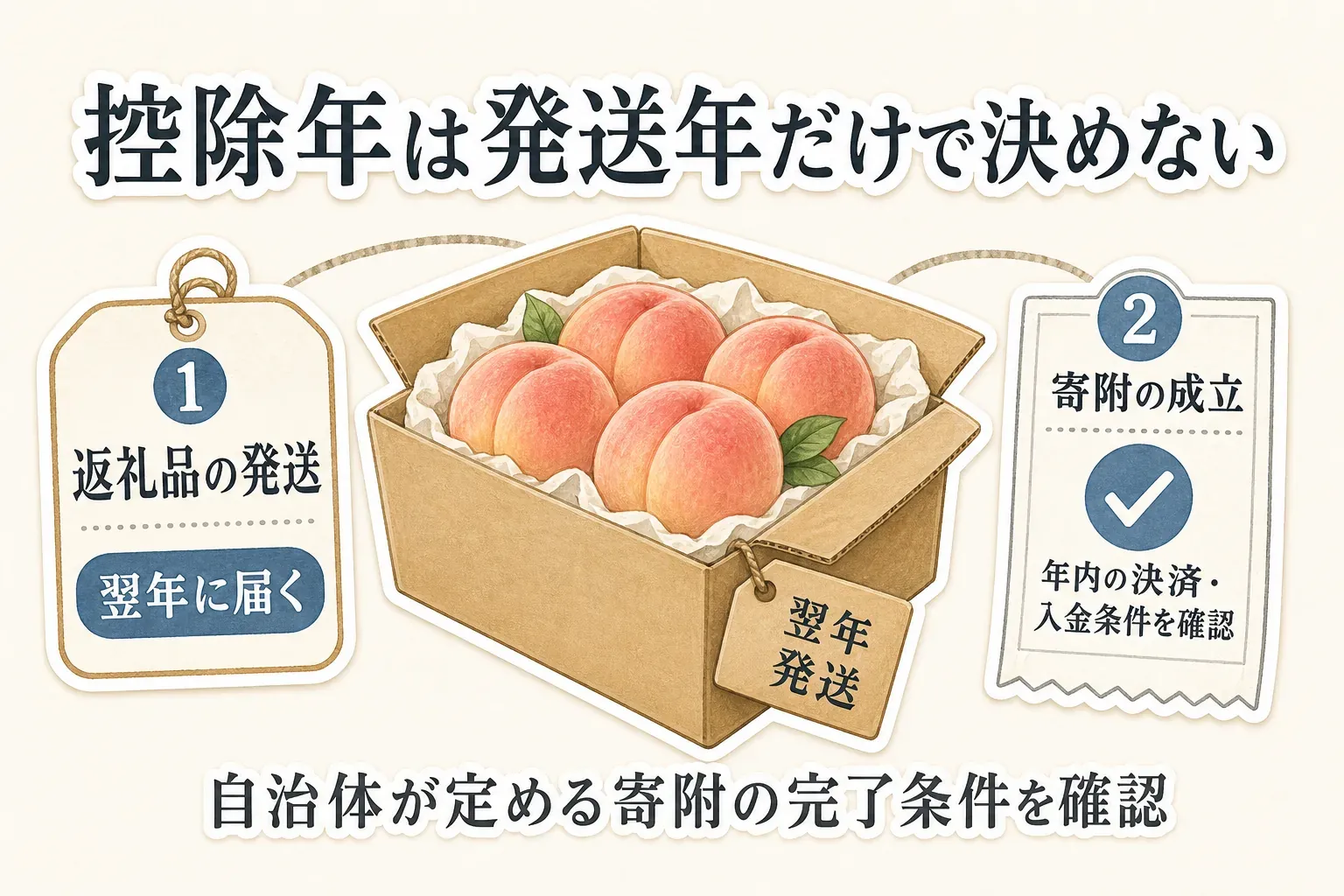控除年は返礼品の発送年だけで決めないことを示す図。翌年に届く返礼品の発送時期と、自治体が定める年内の決済・入金条件を満たした寄附の成立を分けて確認するよう示している