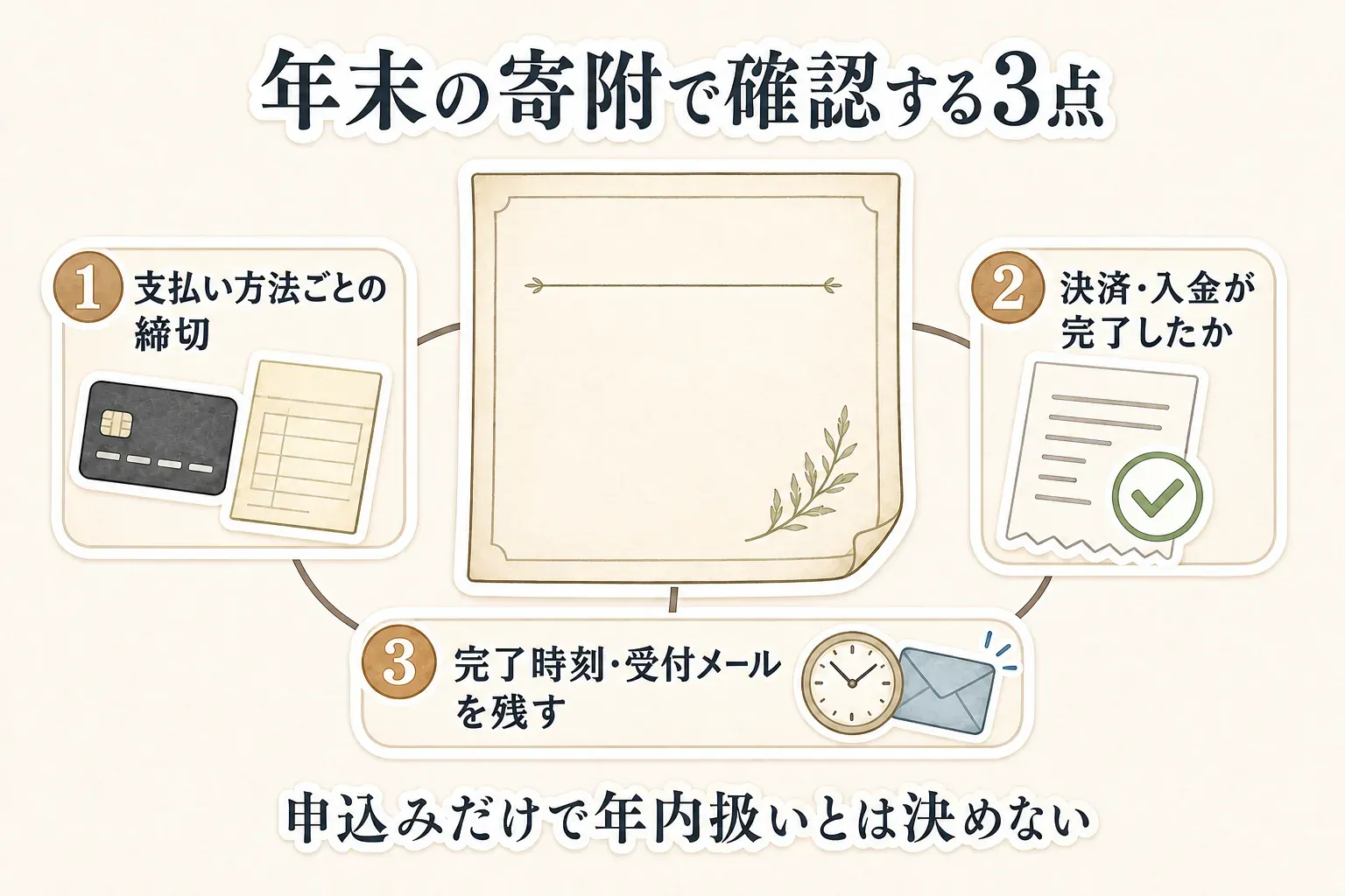 年末の寄附で確認する3点をまとめた図。支払い方法ごとの締切、決済・入金が完了したか、完了時刻と受付メールを残すことを示し、申込みだけでは年内扱いと決まらないと説明している