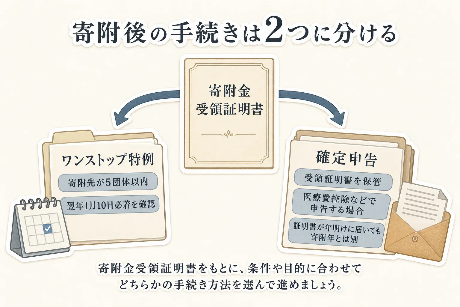 寄附後の手続きを二つに分けた図。寄附先が5団体以内で翌年1月10日必着を確認するワンストップ特例と、受領証明書を保管して医療費控除などで申告する場合の確定申告を示し、証明書が年明けに届いても寄附年とは別であると説明している