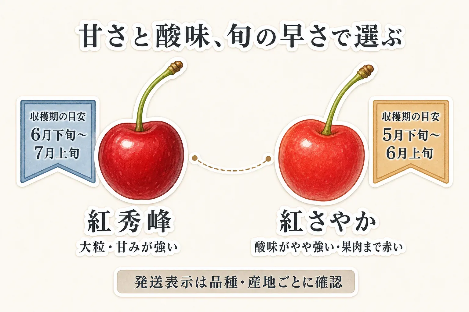 紅秀峰と紅さやかを甘さ・酸味と収穫期の目安で比べる図。紅秀峰は大粒で甘みが強く6月下旬〜7月上旬、紅さやかは酸味がやや強く果肉まで赤く5月下旬〜6月上旬で、発送表示は品種・産地ごとに確認することを示している