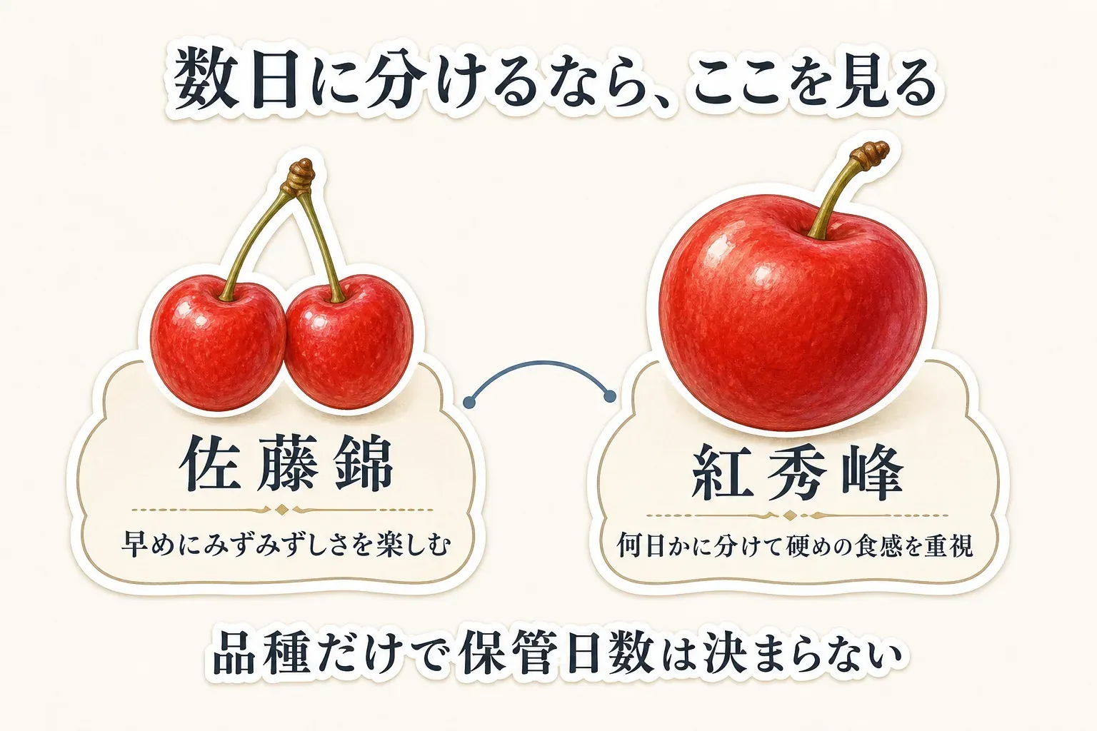 佐藤錦と紅秀峰の食感を比較した図。届いたら早めにみずみずしさを楽しみたい場合は佐藤錦、数日に分けても硬めの食感を重視したい場合は紅秀峰を選ぶ目安を示している。山形県の品種紹介をもとに整理