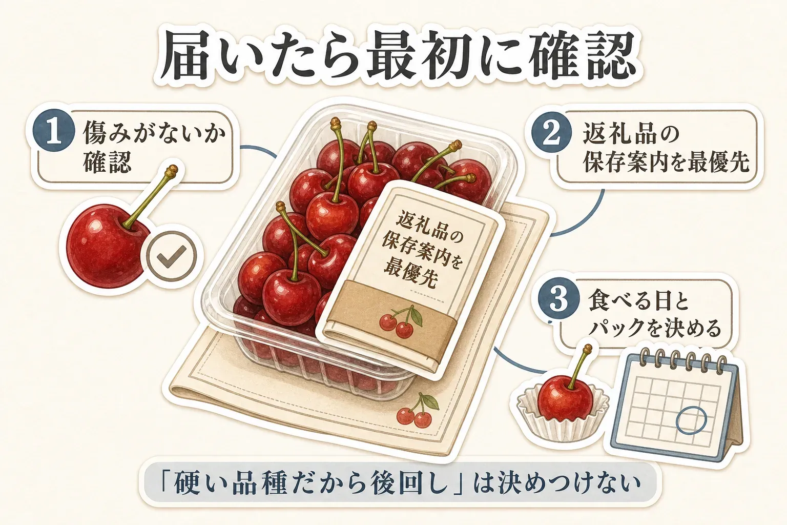 届いたさくらんぼの食感を保つための優先順位を示す図。返礼品に添えられた保存方法を最優先にし、到着時に傷みがないかを確認してから、到着日以降にどのパックをいつ食べるかを決める流れを整理している