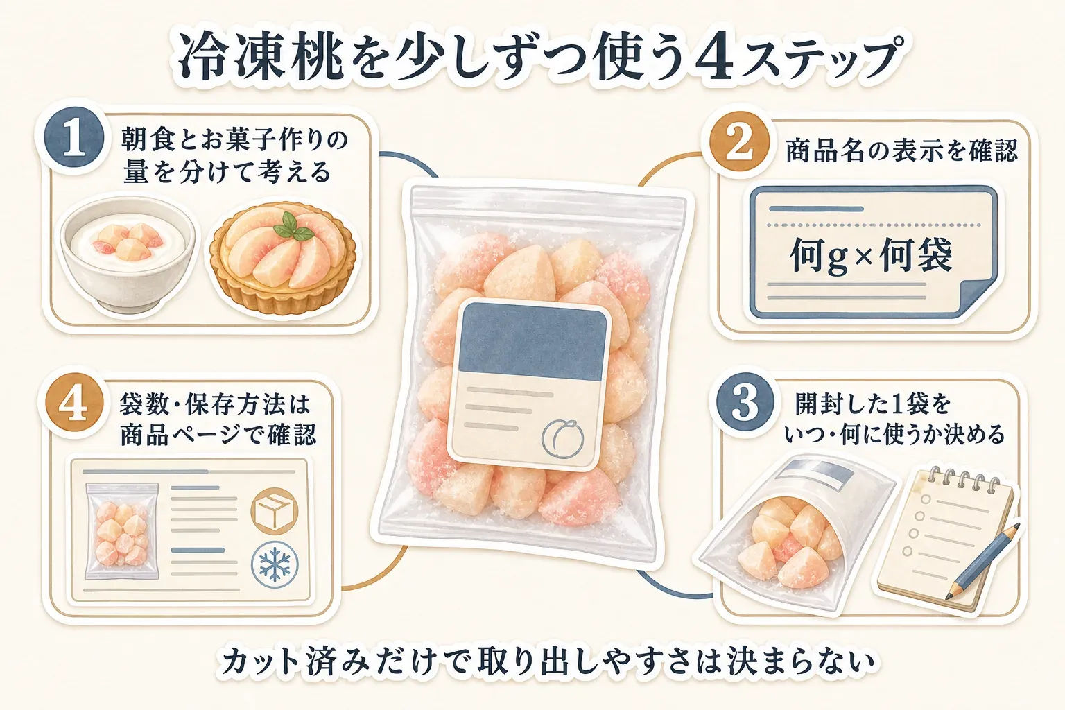 冷凍桃を申し込む前の4つの確認事項をまとめた図。朝食とお菓子作りで使う量を分けて考えること、何g×何袋か、開封後の一袋をいつ何に使い切るか、袋数や保存方法を商品ページで確認することを示している