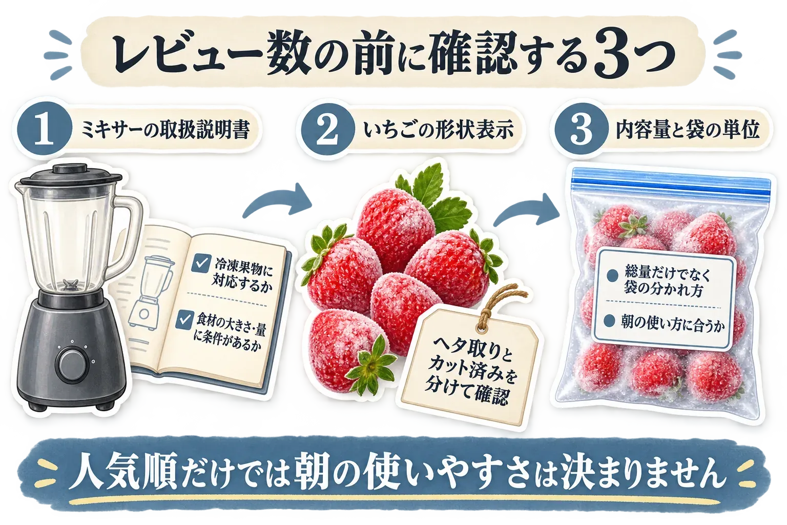 スムージー用の冷凍いちごをレビュー数で選ぶ前に確認する3点をまとめた図。ミキサーの取扱説明書で冷凍果物対応と食材の大きさ・量の条件を確認し、いちごの形状ではヘタ取りとカット済みを分け、内容量では総量だけでなく袋の分かれ方と朝の使い方への合い方を確認するよう示している