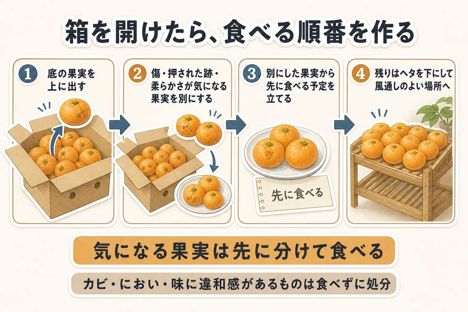 みかんの箱を開けた後の4手順を示す図。底の果実を上に出す、傷・押された跡・柔らかさが気になる果実を別にする、別にした果実から先に食べる予定を立てる、残りはヘタを下にして風通しのよい場所で保存する。カビ・におい・味に違和感があるものは食べずに処分する
