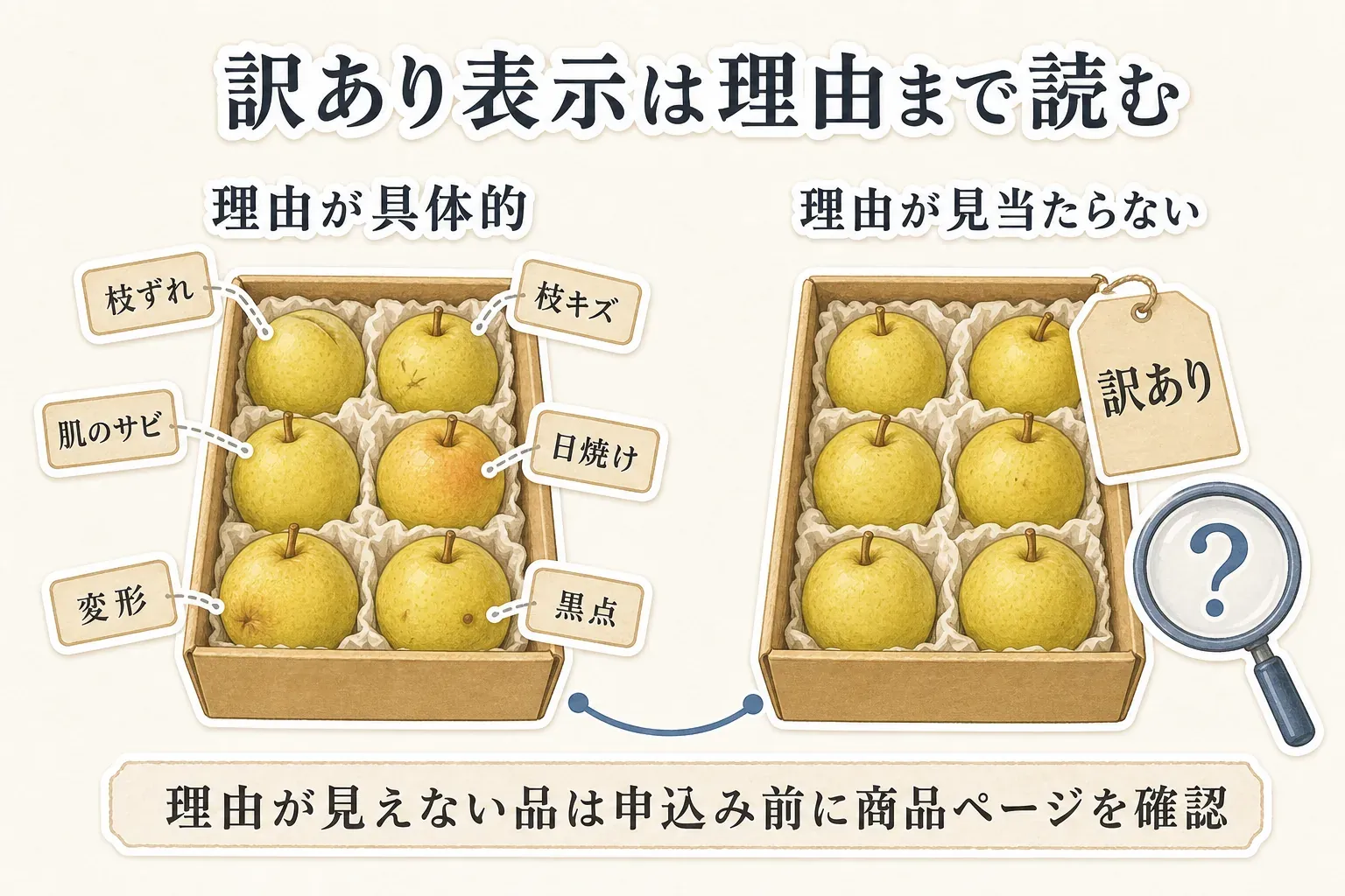訳あり梨の表示は理由まで読むことを示す図。理由が具体的な梨には枝ずれ、枝キズ、肌のサビ、日焼け、変形、黒点の例が付けられ、理由が見当たらない梨は申込み前に商品ページを確認するよう示している。出典：飯田市の返礼品表示