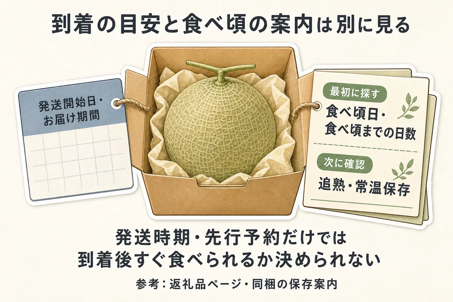 メロンの到着目安と食べ頃の案内を別に確認することを示す図。発送開始日・お届け期間は到着の目安であり、最初に食べ頃日・食べ頃までの日数、次に追熟・常温保存の案内を探す手順と、発送時期や先行予約だけでは到着後すぐ食べられるか決められないことを示す。参考：返礼品ページ・同梱の保存案内