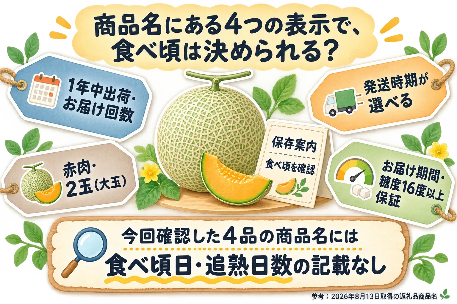 クラウンメロン、夕張メロン、アールスメロン、肥後グリーンメロンの発送期間を約1週間から約4週間で比較し、帰省予定に合わせやすさは発送期間が狭いほど高いと示す図。保存案内として常温で追熟し、食べる2〜3時間前に冷蔵庫で冷やし、カット後は冷蔵保存して当日中に食べる流れを併記する。出典：各公式サイト情報（2024年5月時点）をもとに作成