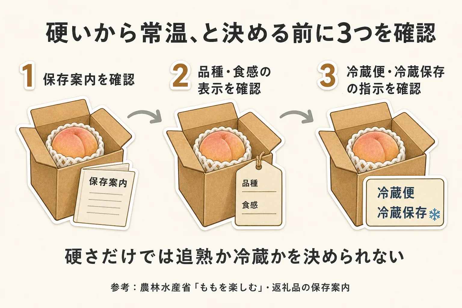 硬い桃を常温に置く前に、保存案内、品種・食感の表示、冷蔵便・冷蔵保存の指示の順に確認する3ステップを示す図。硬さだけでは追熟か冷蔵かを決められないことと、参考として農林水産省「ももを楽しむ」・返礼品の保存案内を併記している