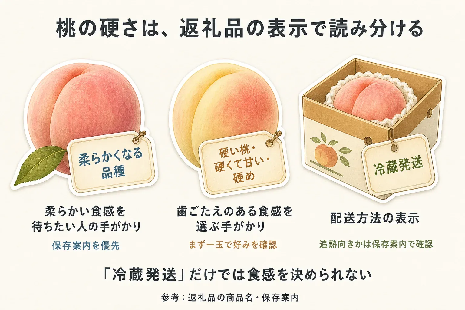 桃の返礼品表示の読み分けを示す図。「柔らかくなる品種」は柔らかい食感を待ちたい人の手がかりで保存案内を優先、「硬い桃・硬くて甘い・硬め」は歯ごたえのある食感を選ぶ手がかりでまず一玉で好みを確認、「冷蔵発送」は配送方法の表示で追熟向きかは保存案内で確認することを示す。参考は返礼品の商品名・保存案内