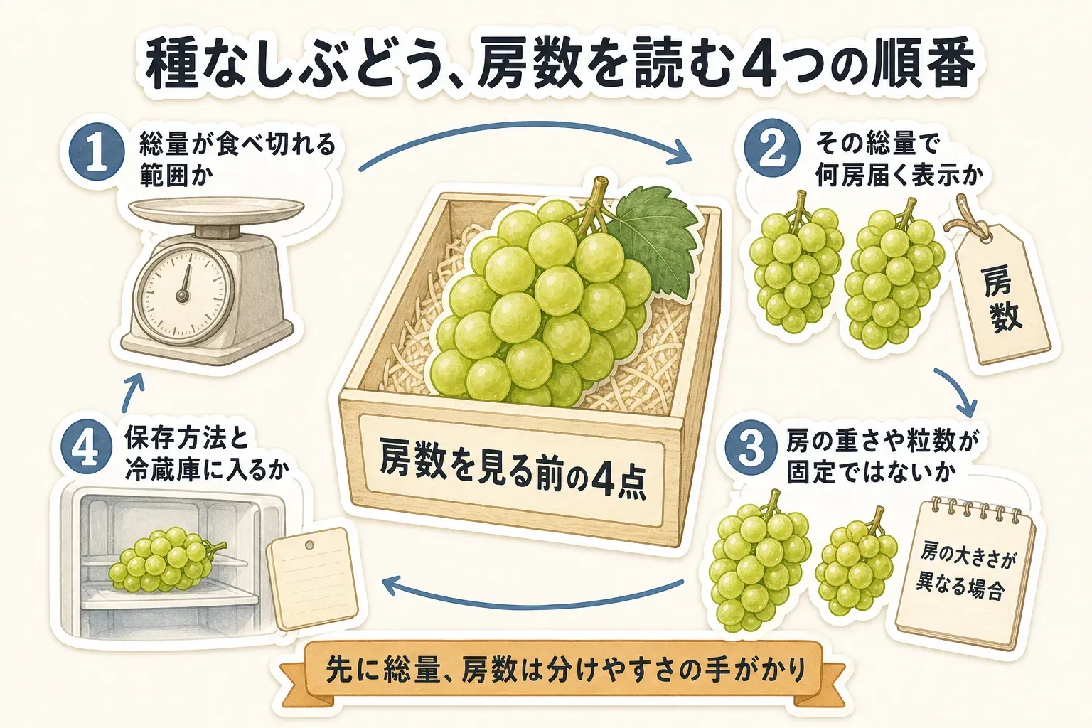 種なしぶどうの房数を読む4つの順番を示す図。総量が食べ切れる範囲か、その総量で何房届く表示か、房の重さや粒数が固定ではないか、保存方法と冷蔵庫に入るかを順に確認する