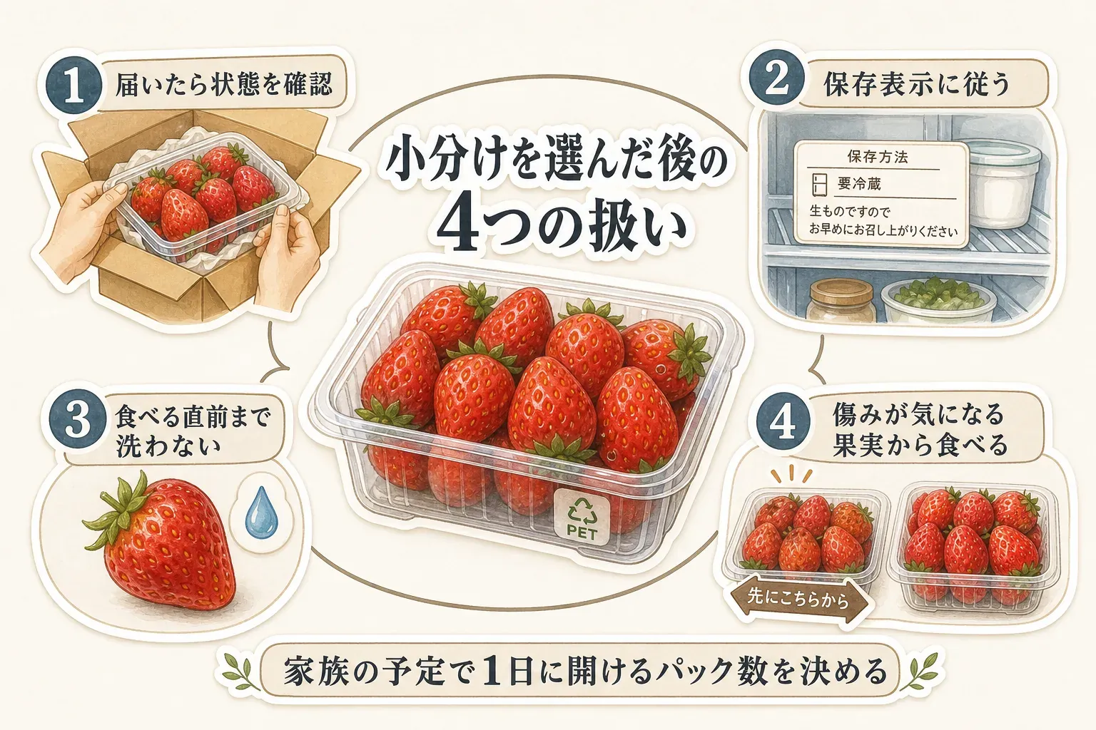 小分けのいちごを受け取った後の4つの扱いを示した図。到着時に状態を確認し、保存表示に従い、食べる直前まで洗わず、傷みが気になる果実から先に食べる順番を説明している