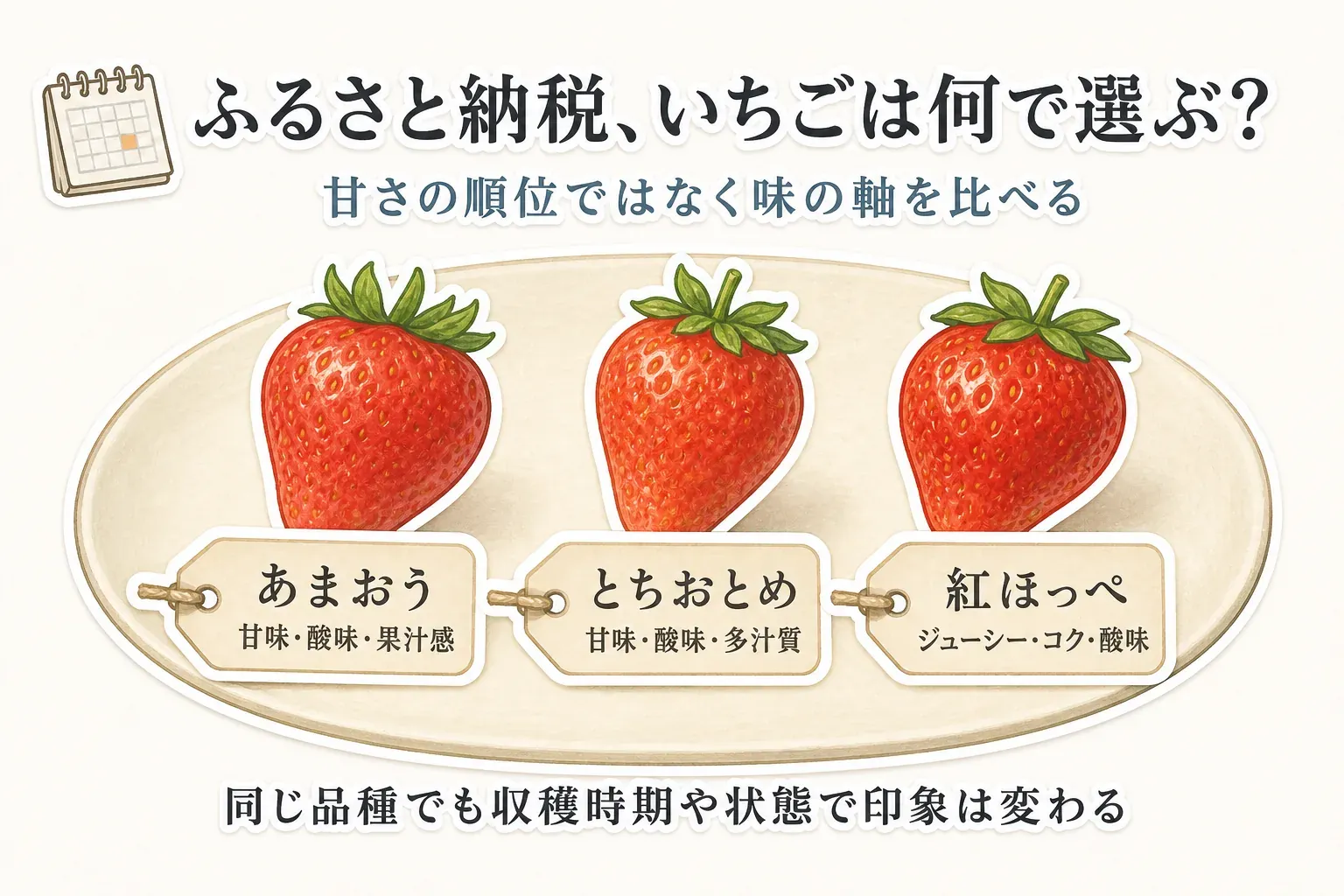あまおう・とちおとめ・紅ほっぺを、甘味、酸味、香り、食感の味わいの軸で比較する図。あまおうは深い甘みと果汁感、とちおとめは甘味と酸味のバランスと緻密で多汁質な果肉、紅ほっぺは静岡県の主な品種として示している。出典：福岡県、栃木県、農林水産省の品種紹介