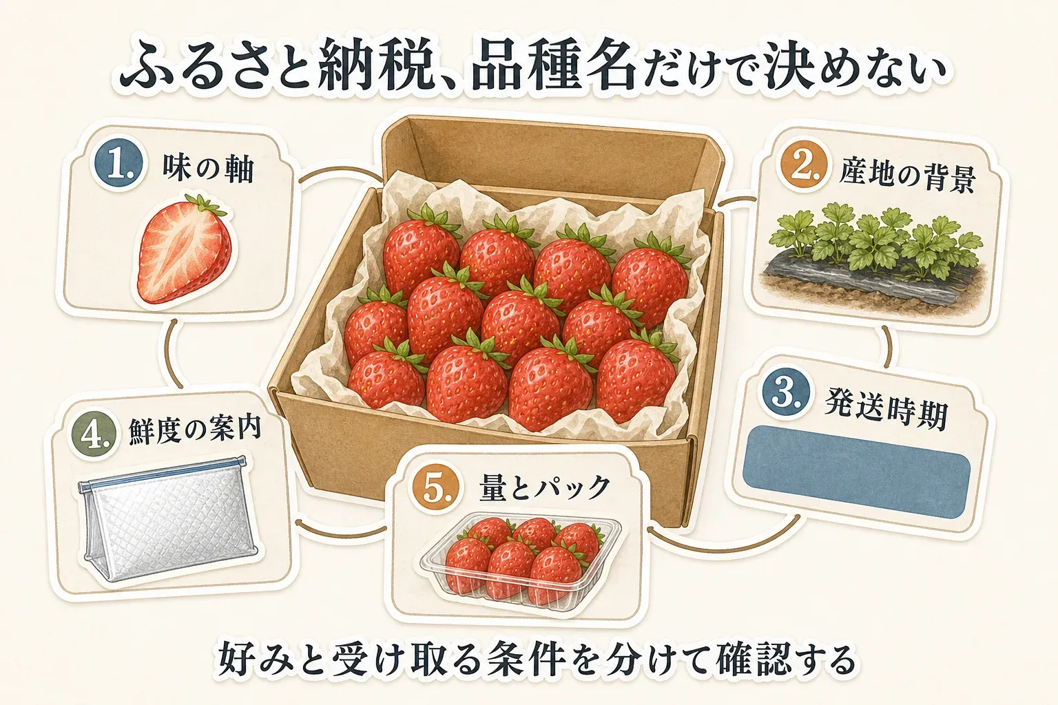 ふるさと納税でいちごを申し込む前の確認事項を5項目でまとめた図。味の軸、産地の背景、発送時期、冷蔵便や賞味期限など鮮度に関する案内、内容量とパック数を順に確認することを示している